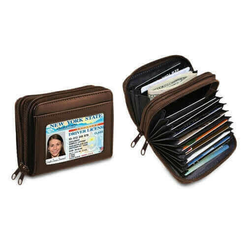 RFID Genuine Leather Credit Card Wallet for Women w/ ID Display Window.