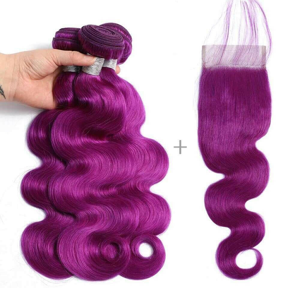 Body Wave 10A Grade Purples #1B/ purple 3/4 BUNDLES with CLOSURES & FR.