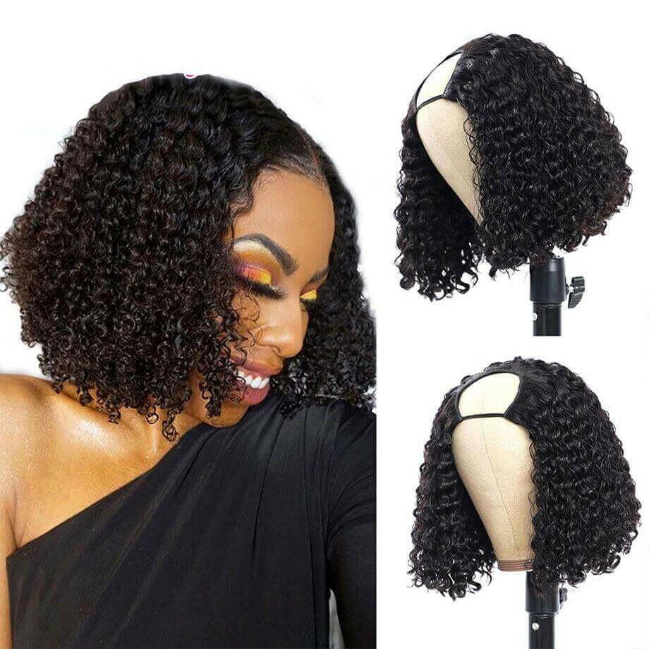 Short Bob U Part Wig Human Hair Jerry Curl Brazilian Remy Glueless Wig.