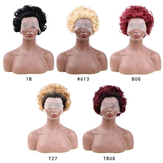 Ombre Short Pixie Cut 13x4x1 T Lace Front Curly Human Hair Wigs 8 Inch