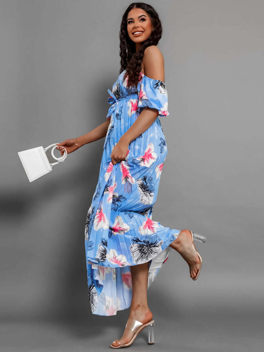 Pleated Floral Off-Shoulder Short Sleeve Midi Dress.