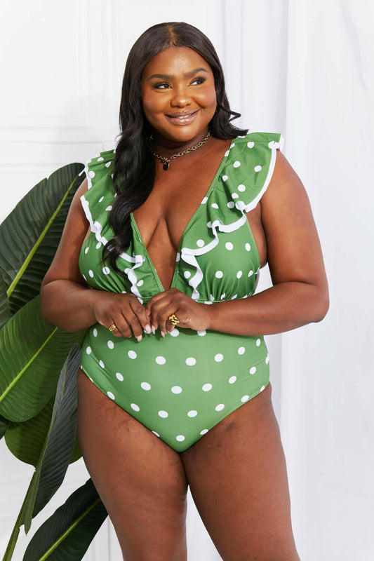 Marina West Swim Moonlit Dip Ruffle Plunge Swimsuit in Mid Green.