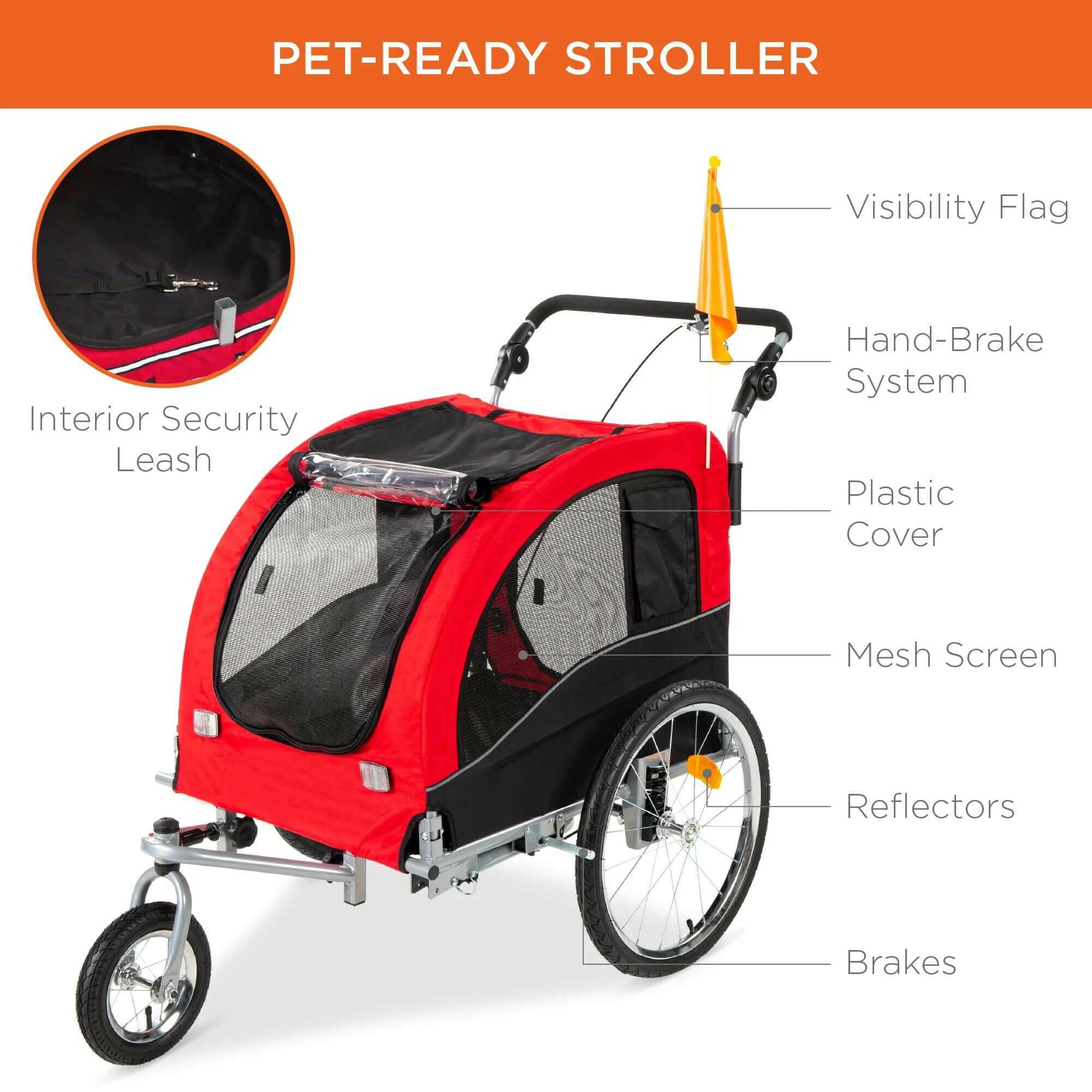 2-In-1 Dog Bike Trailer, Pet Stroller Bicycle Carrier W/ Hitch, Brakes, Visibility Flag, Reflector