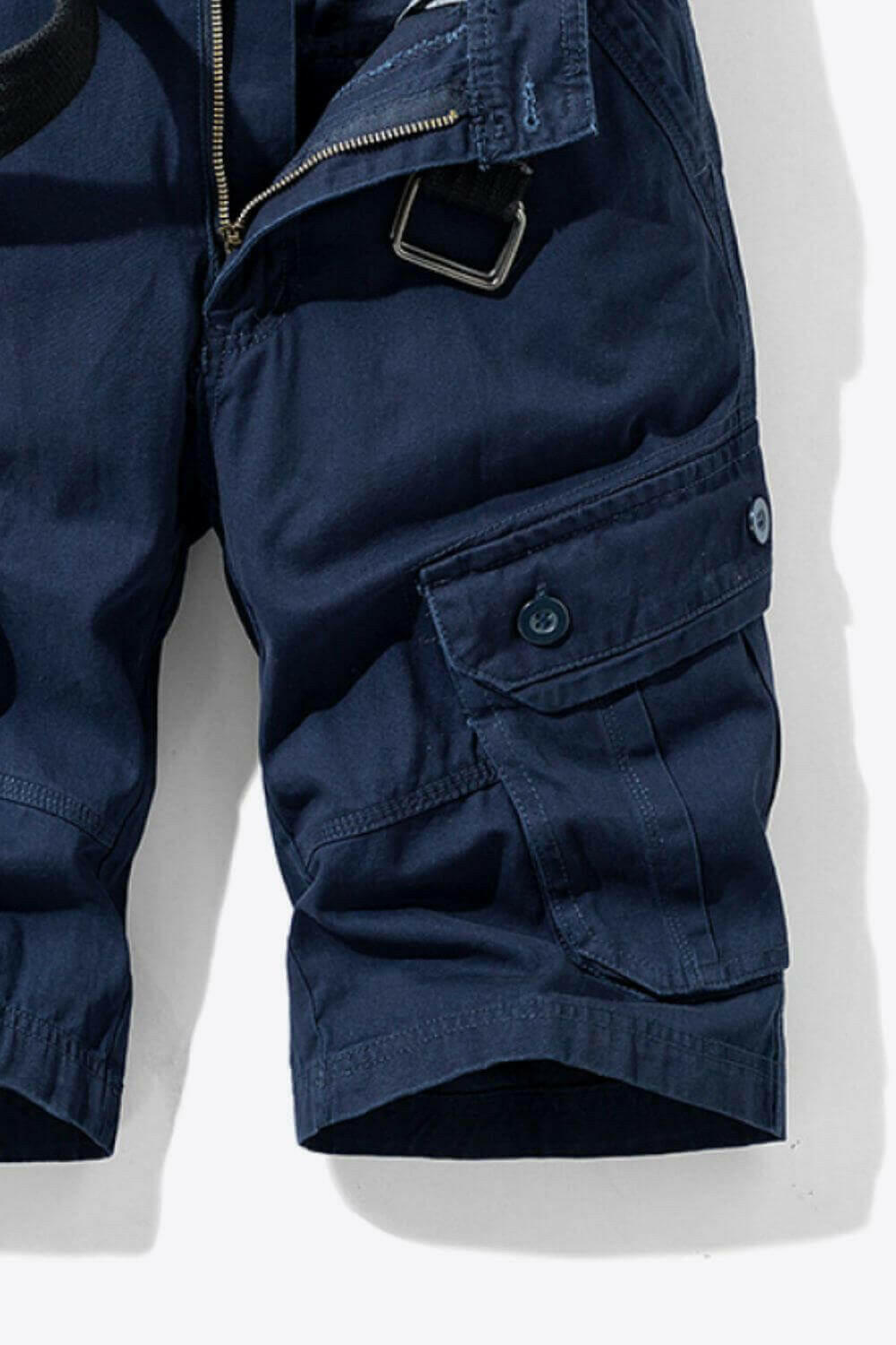 Button and Zip Closure Belted Cargo Shorts.