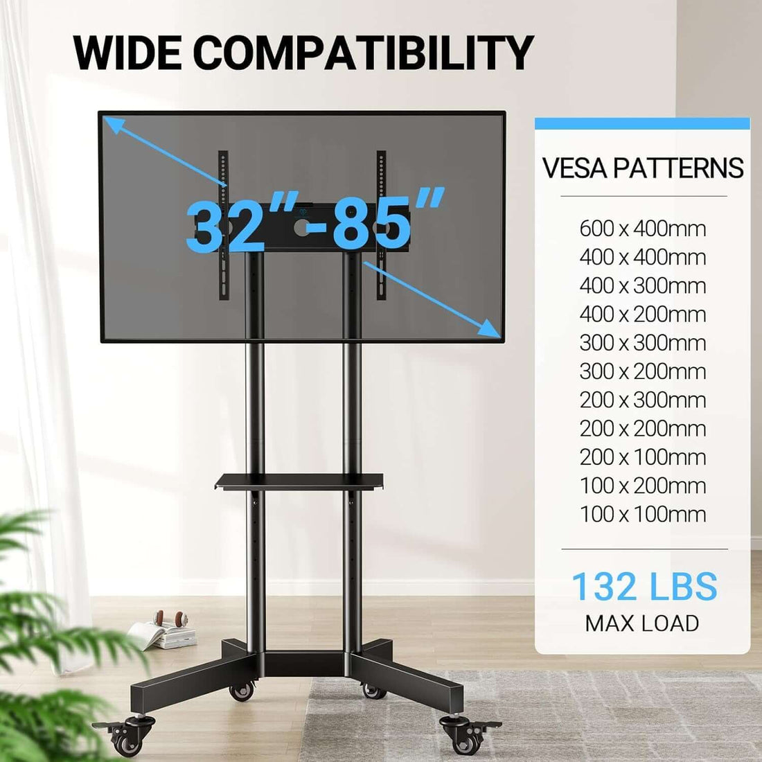 Adjustable Rolling TV Stand for 32-85 Inch TVs