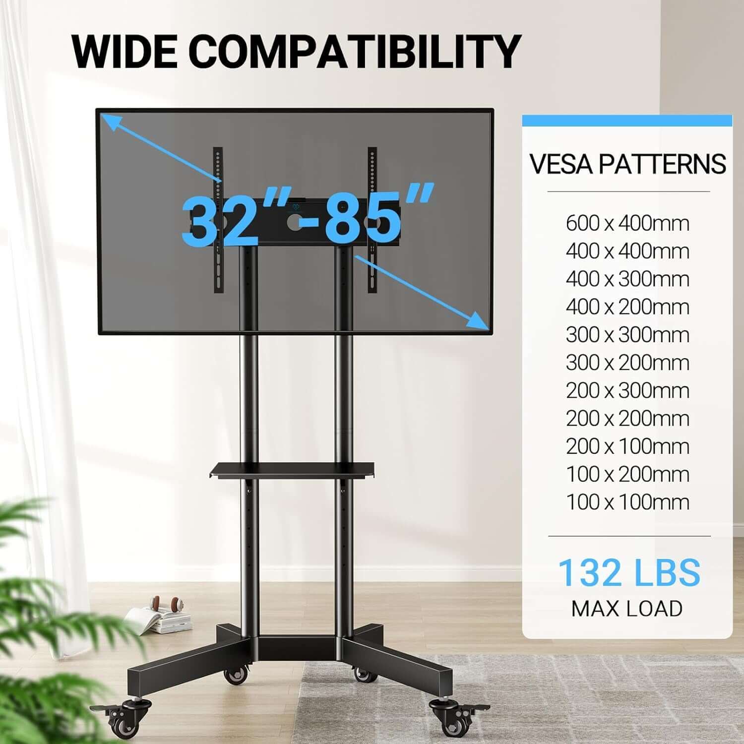 Adjustable Rolling TV Stand for 32-85 Inch TVs