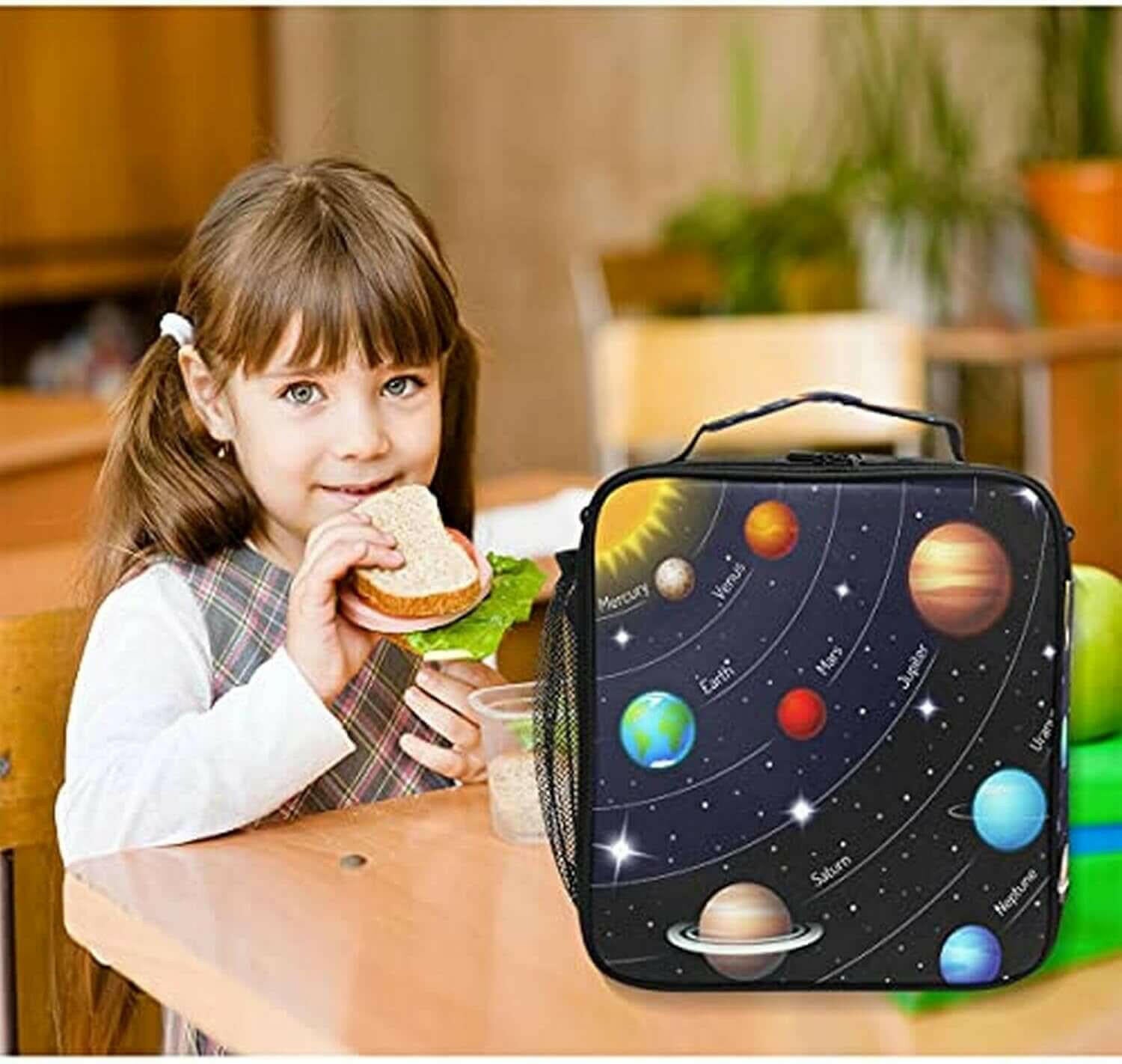 Kids Lunch Box, Planets Color, Unisex, 10.5X3.5X9.5 Inch, Oxford Material and Aluminum Film, Spacious, Lightweight, Adjustable Shoulder Straps, Heat Insulation