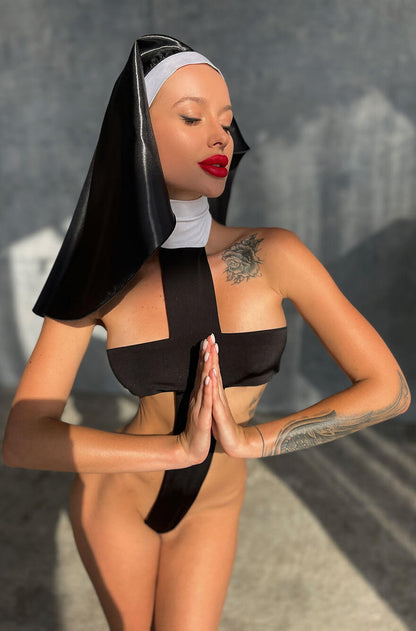 Nun Cosplay Cross Lingerie Bodysuit