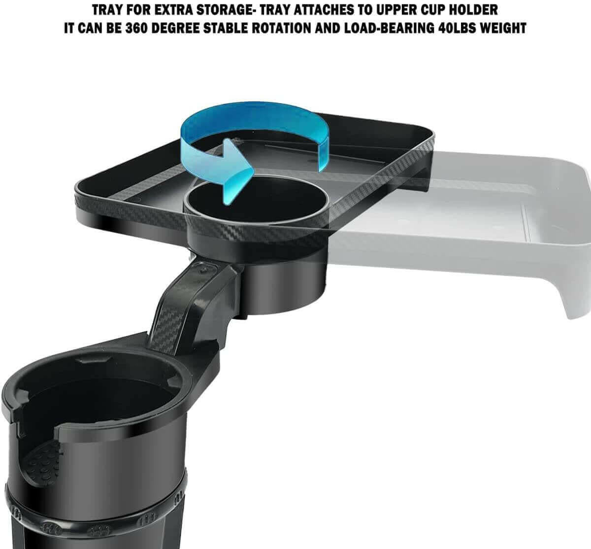 Multifunctional Car Cup Holder with Attachable Tray 360° Swivel.