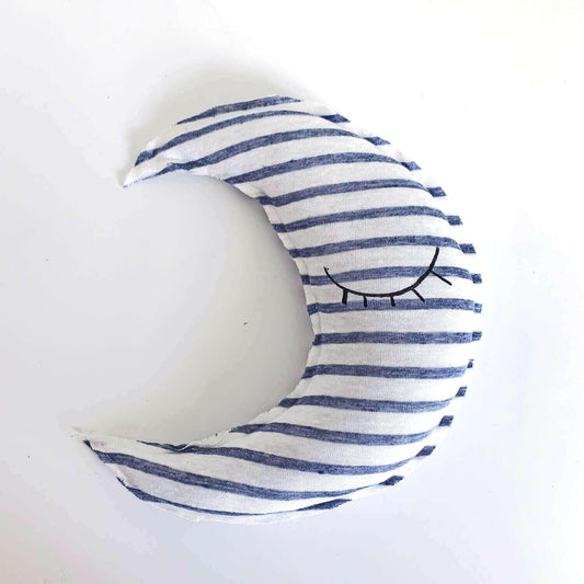 Moon shaped striped pillow - Sleeping eyes print.