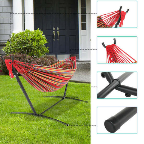 Black Steel Pipe Hammock Frame with Polyester Cotton Hammock Set.