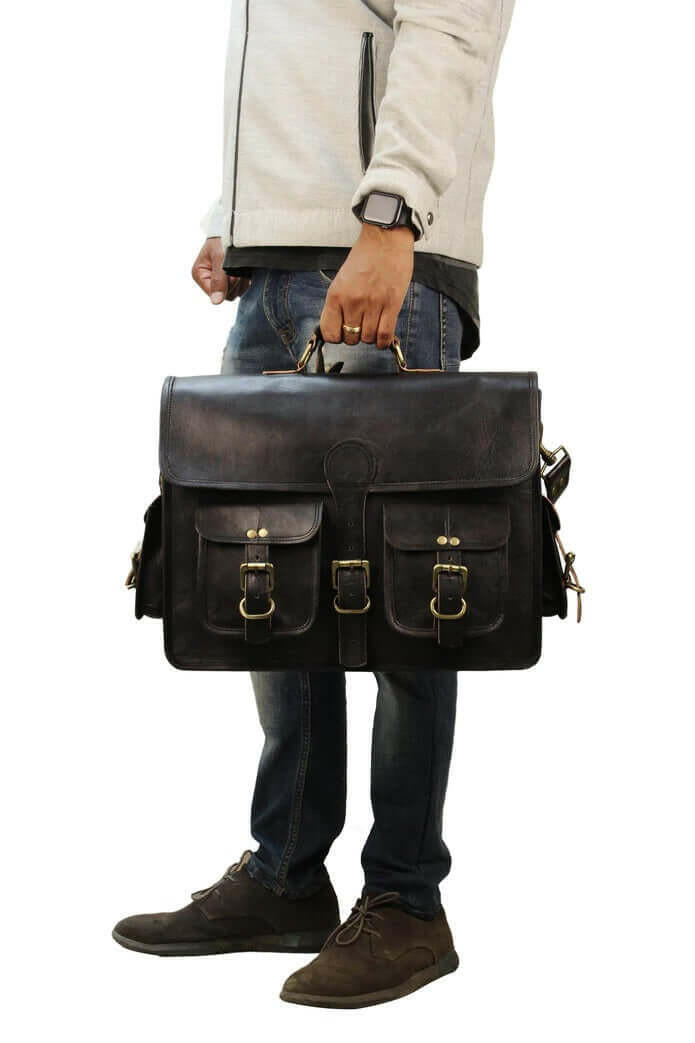 Black Leather Laptop Briefcase Large Satchel Shoulder Messenger Bag.