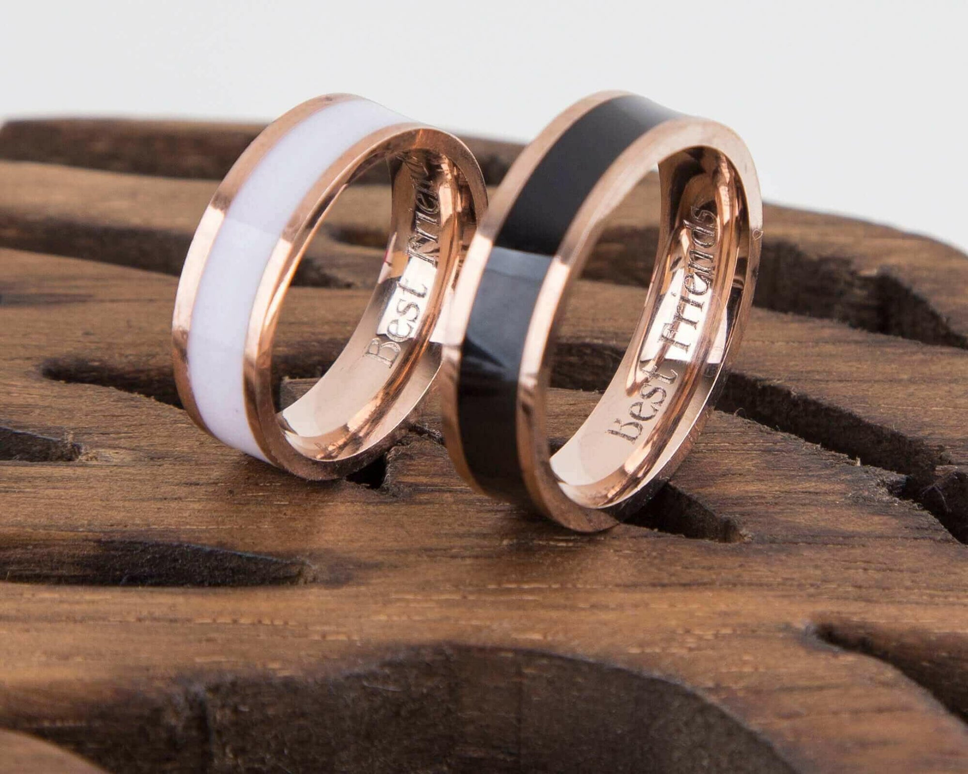 Rose Gold Couple Rings Black and White Personalized Couple Gift,.