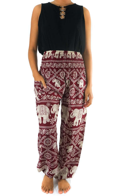 Burgundy Elephant Print Harem Pants, Boho Rayon Yoga Trousers