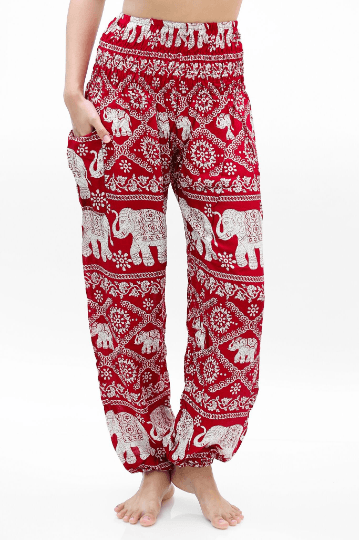 Burgundy Elephant Print Harem Pants, Boho Rayon Yoga Trousers