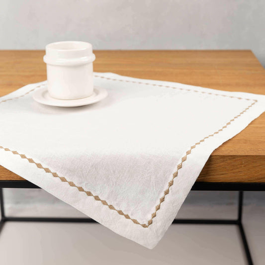 Embroidered hemp placemat, white.