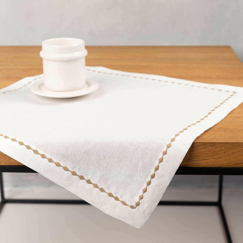 Embroidered hemp placemat, white.