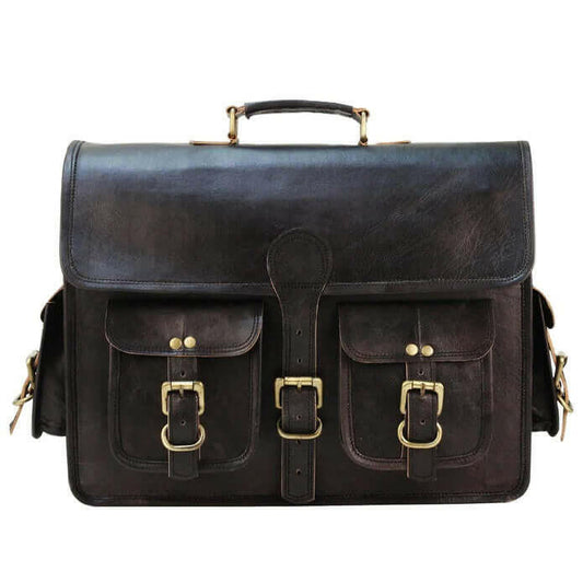 Black Leather Laptop Briefcase Large Satchel Shoulder Messenger Bag.