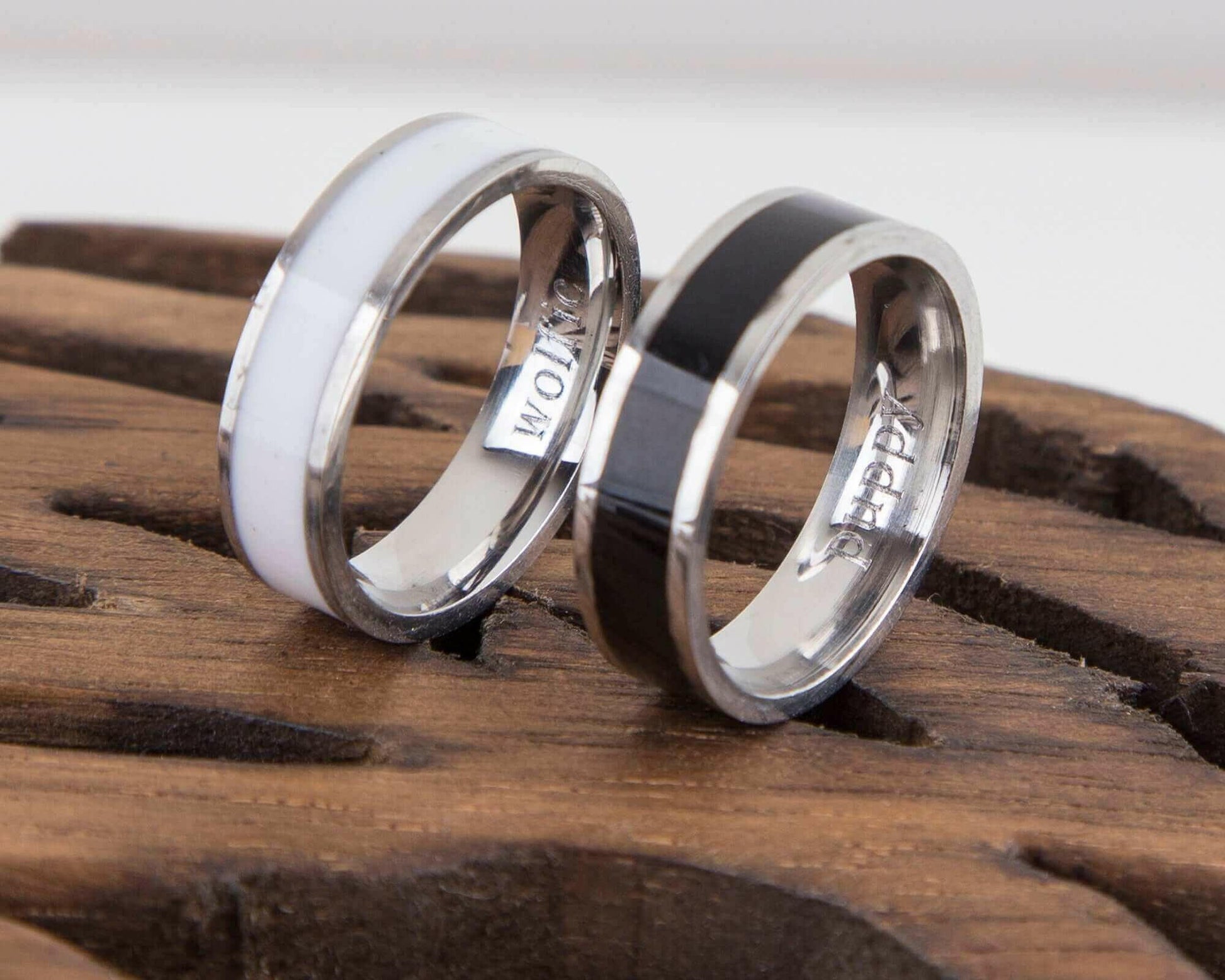 Couple Rings Black and White Personalized Couple Gift, Stainless Steel.