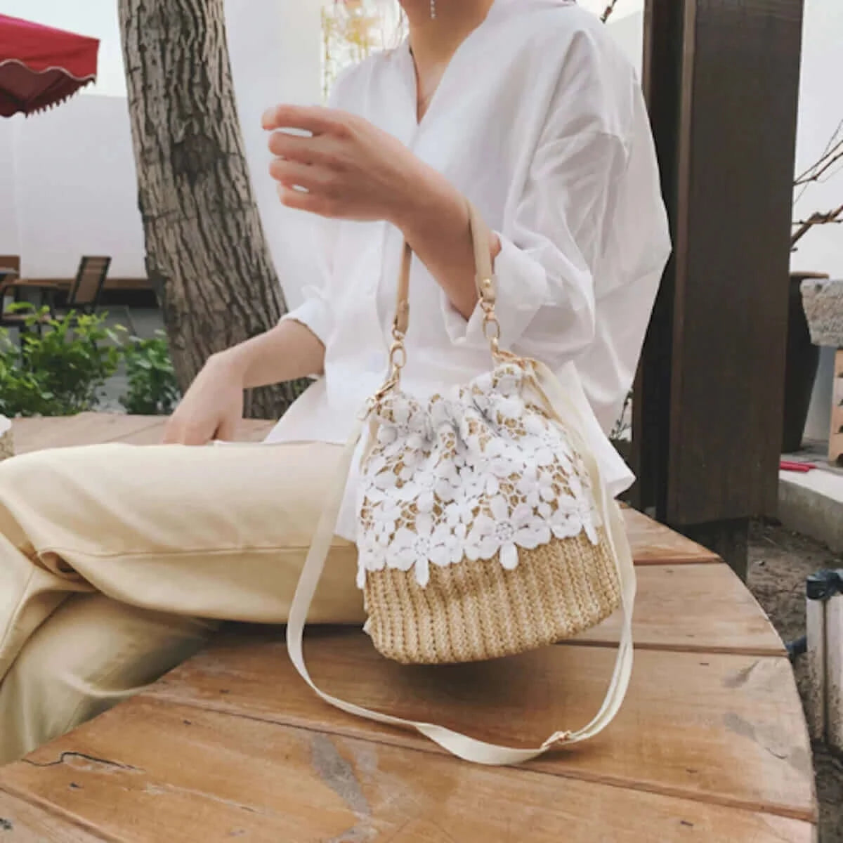 Summer Crossbody Straw Bucket with Lace.