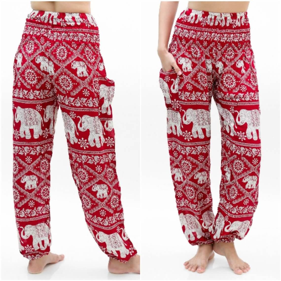 Burgundy Elephant Print Harem Pants, Boho Rayon Yoga Trousers