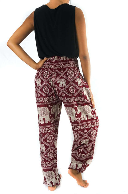 Burgundy Elephant Print Harem Pants, Boho Rayon Yoga Trousers