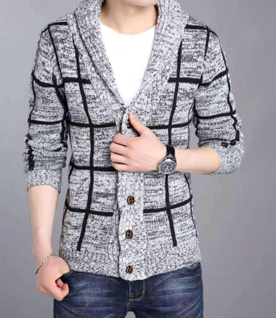 Mens Shawl Collar Gray Cardigan.