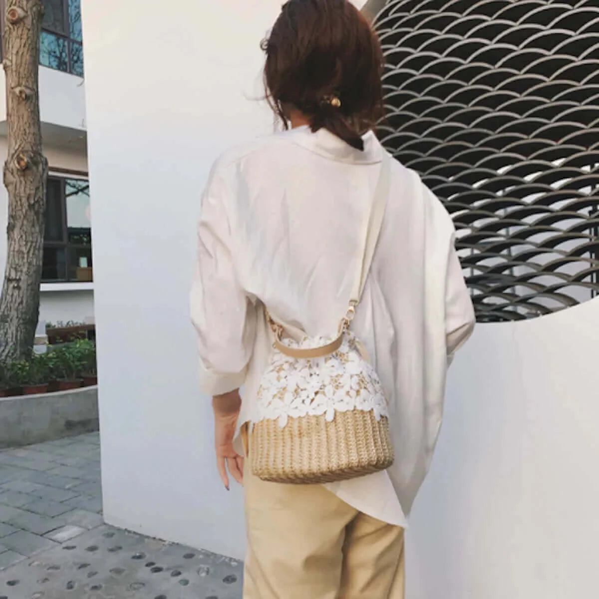 Summer Crossbody Straw Bucket with Lace.