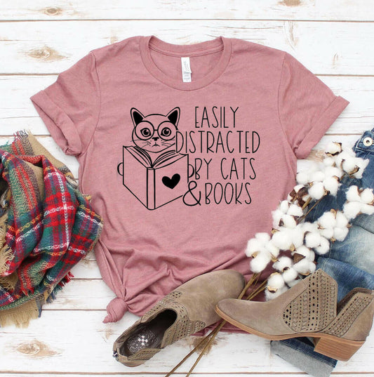 Easily Distracted By Cats & Books T-shirt.