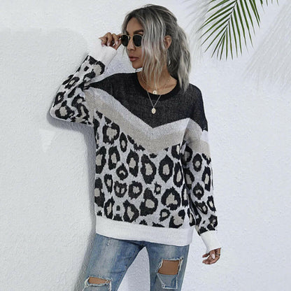 Womens Leopard Print Round Neck Sweater.