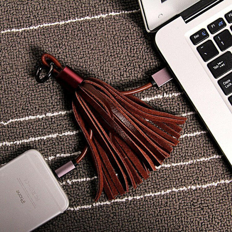 Leather Tassel Lightning Cable Keychain.