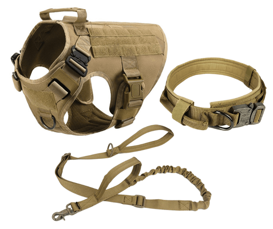 Military Dog Tactical Harness, Collar, and Leash Gear Set (Brown).