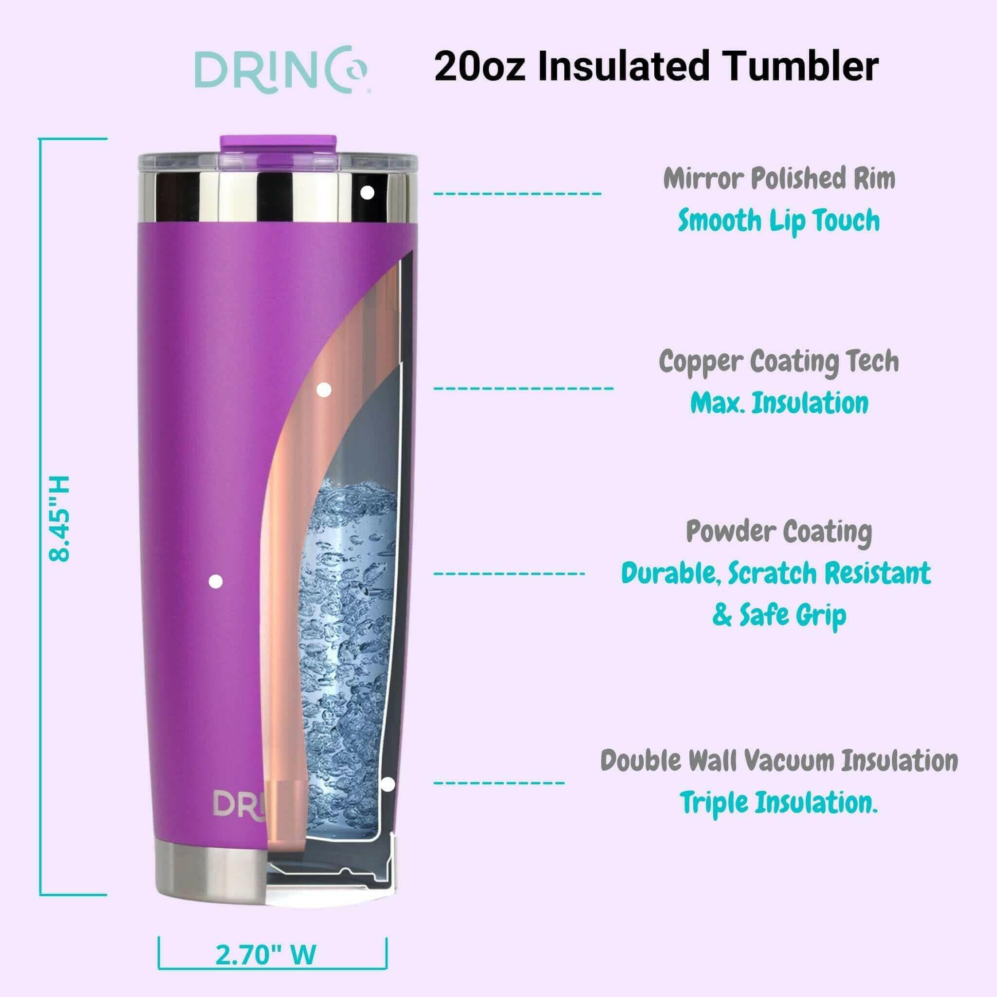 DRINCO® 20oz Insulated Tumbler w/Spill Proof Lid, 2 Straws(Purple)