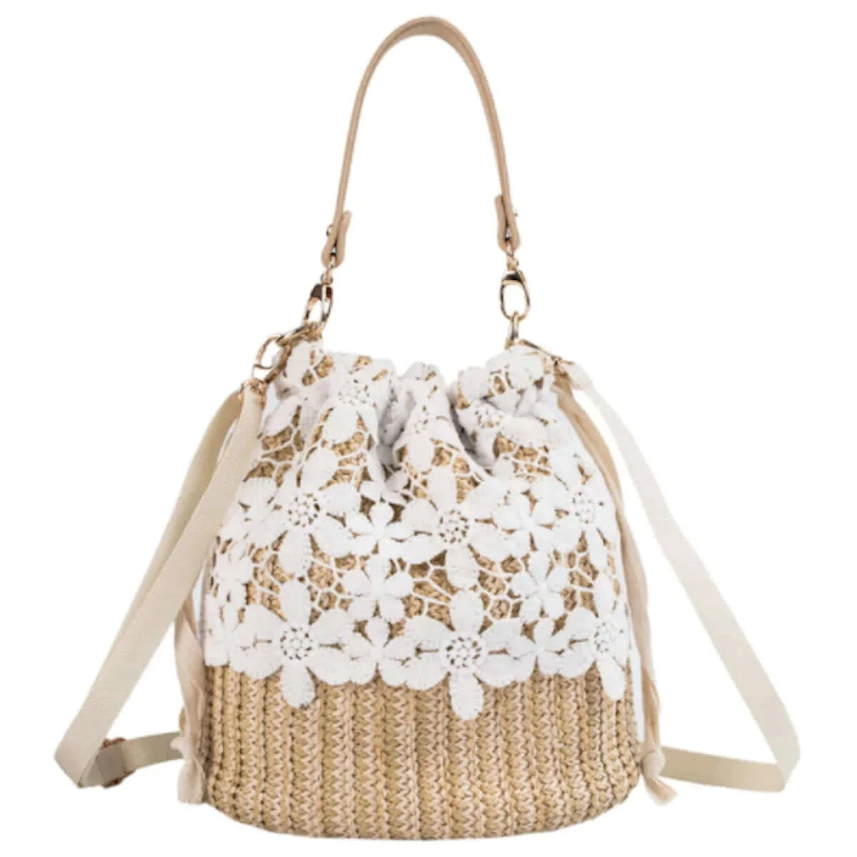 Summer Crossbody Straw Bucket with Lace.