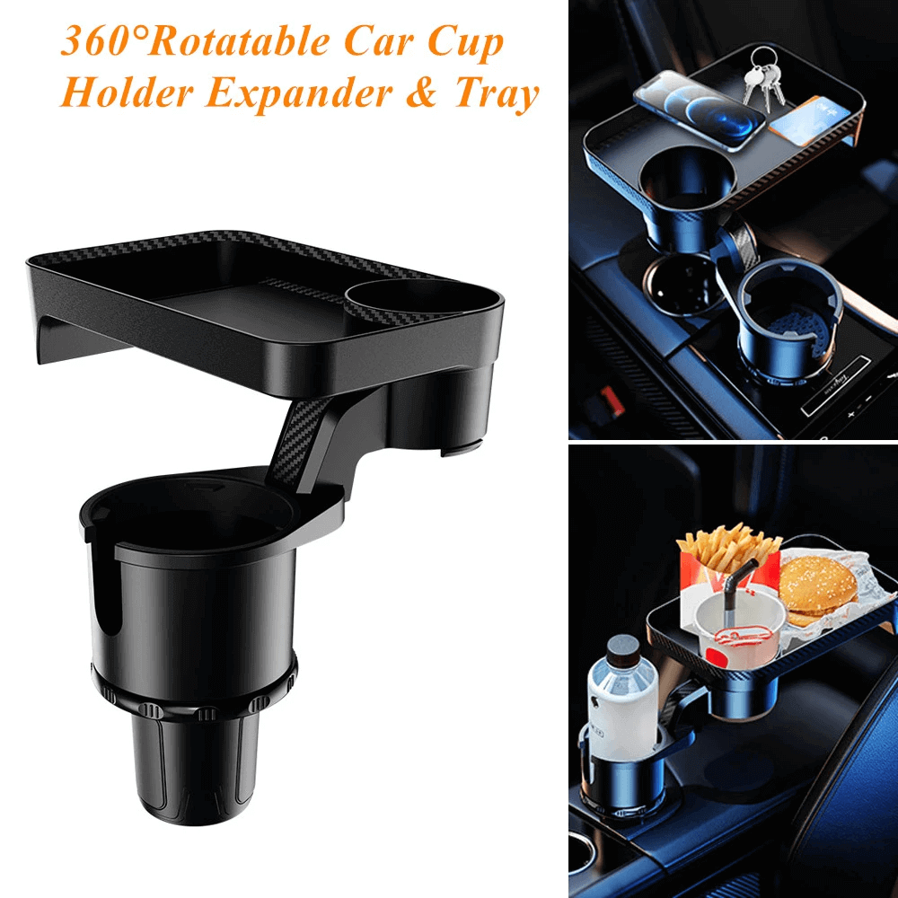 Multifunctional Car Cup Holder with Attachable Tray 360° Swivel.