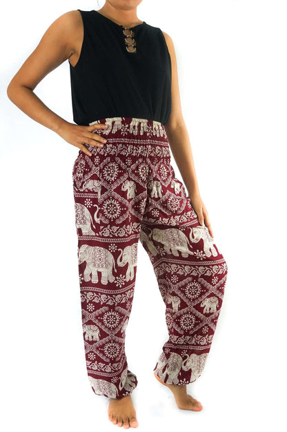 Burgundy Elephant Print Harem Pants, Boho Rayon Yoga Trousers