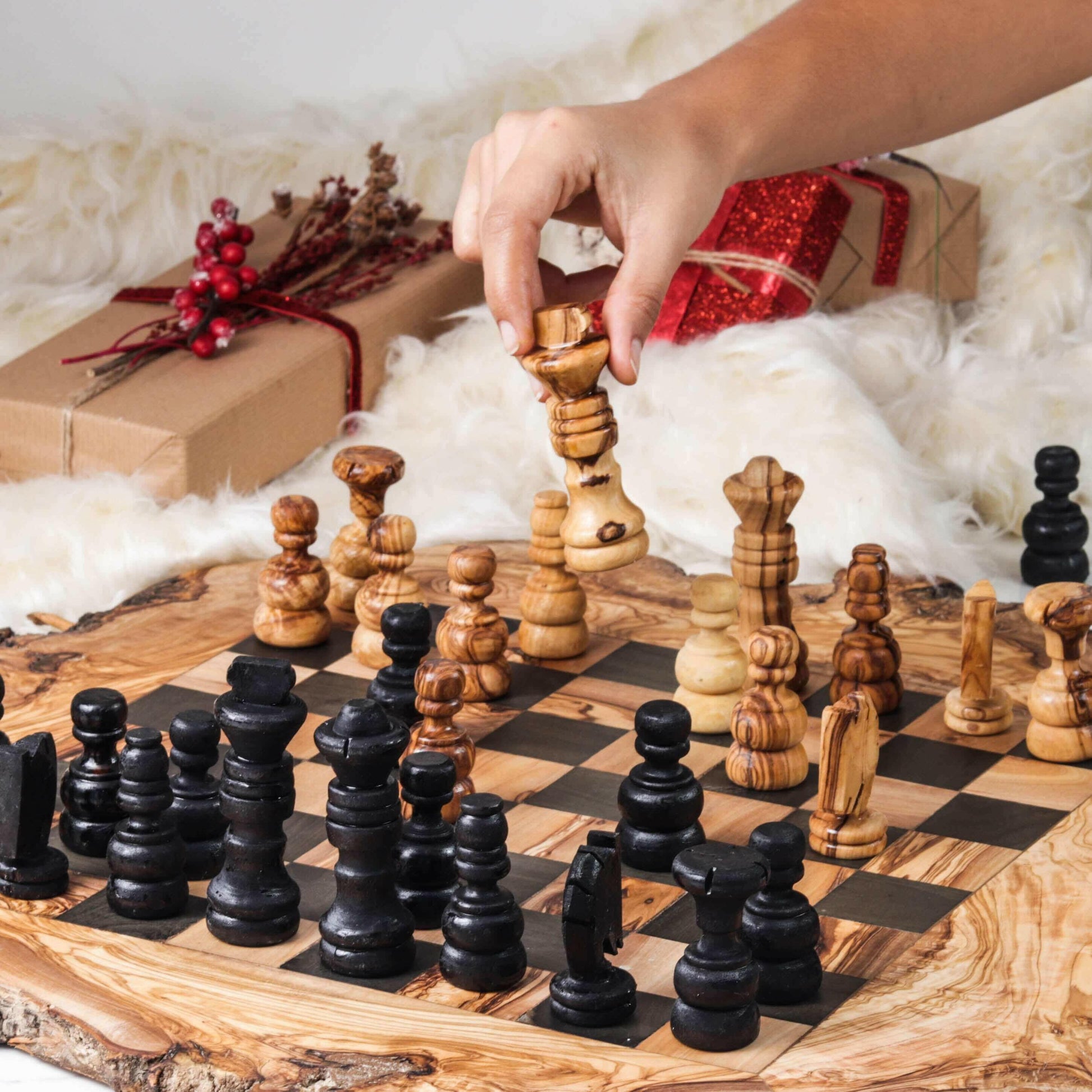 Handcrafted Olive Wood Chess Set with Natural.