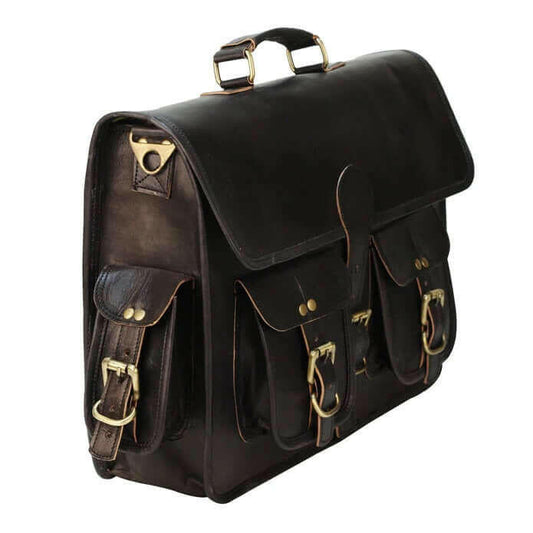 Black Leather Laptop Briefcase Large Satchel Shoulder Messenger Bag.