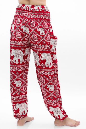 Burgundy Elephant Print Harem Pants, Boho Rayon Yoga Trousers