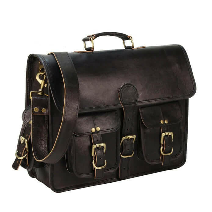 Black Leather Laptop Briefcase Large Satchel Shoulder Messenger Bag.