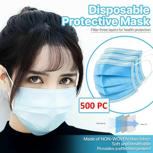 [500 PCS] 3-Ply Disposable Face Mask Non Medical Surgical Earloop.