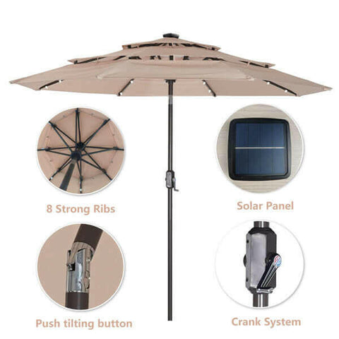 3 Tiers And 8 Ribs Outdoor Umbrella With 32 LED Lights.