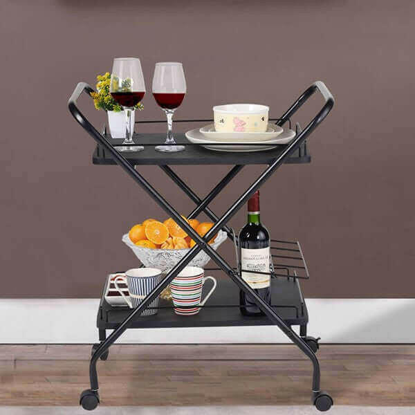 2-Tier Rolling Utility Cart with Wheels Bar Service Car With Wine Rack.