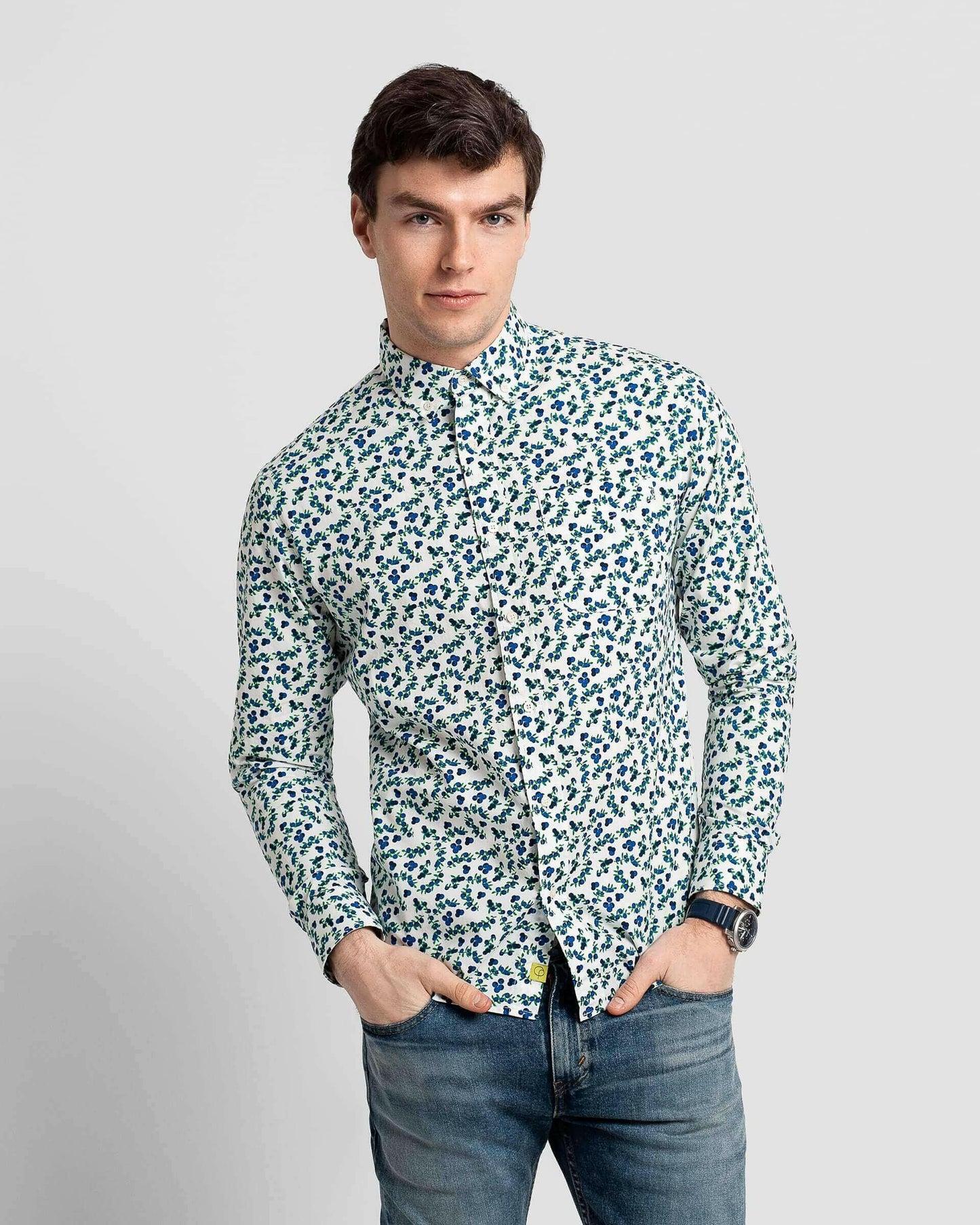 Blueberry Printed Casual Button-Down Long Sleeve Shirt.