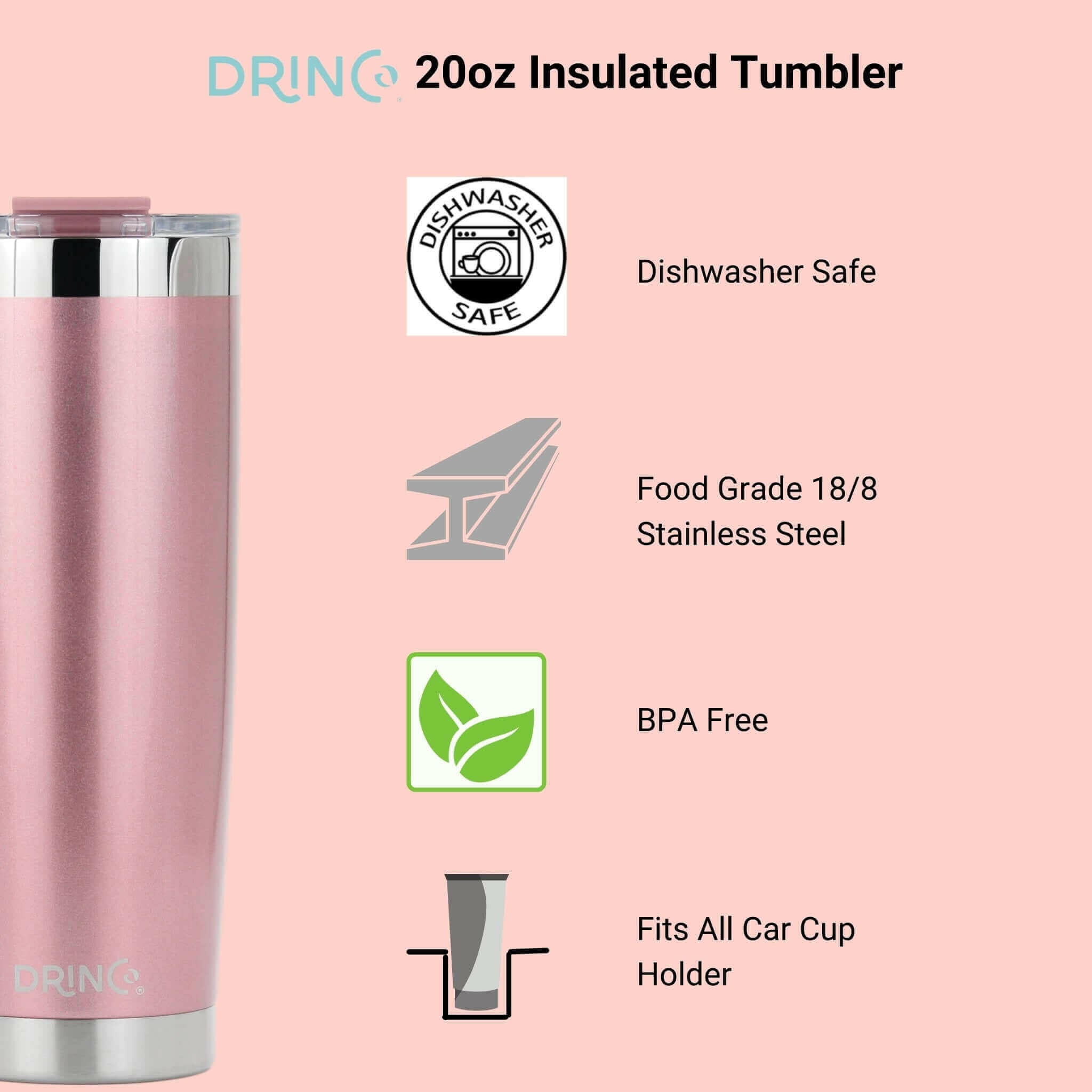 DRINCO® 20oz Insulated Tumbler Spill Proof Lid 2 Straws (Rose Gold).