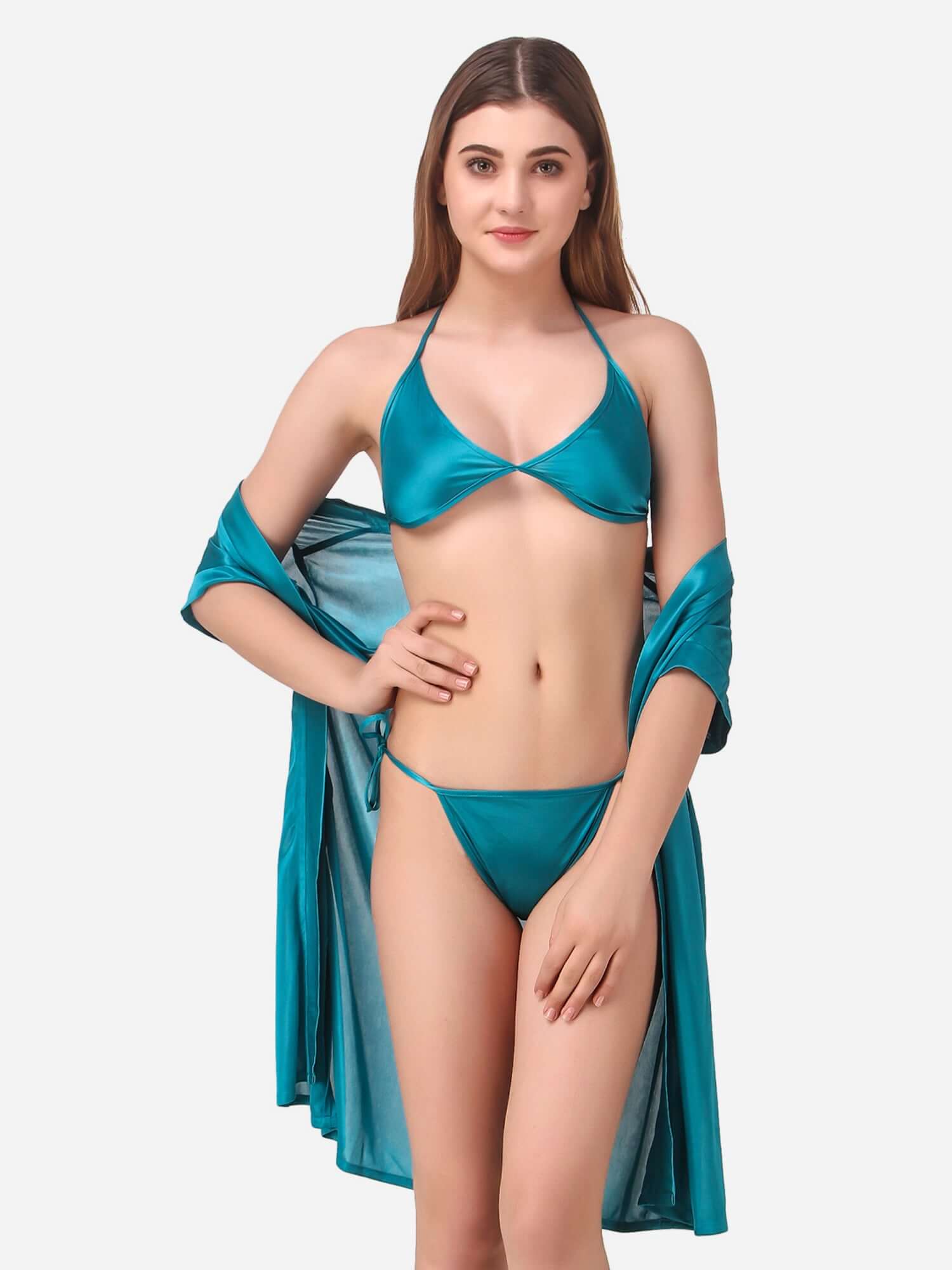 Romaisa Women's Satin Solid Blue Robe with Lingerie Set