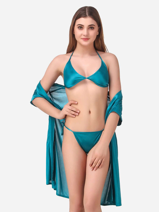 Romaisa Women's Satin Solid Blue Robe with Lingerie Set