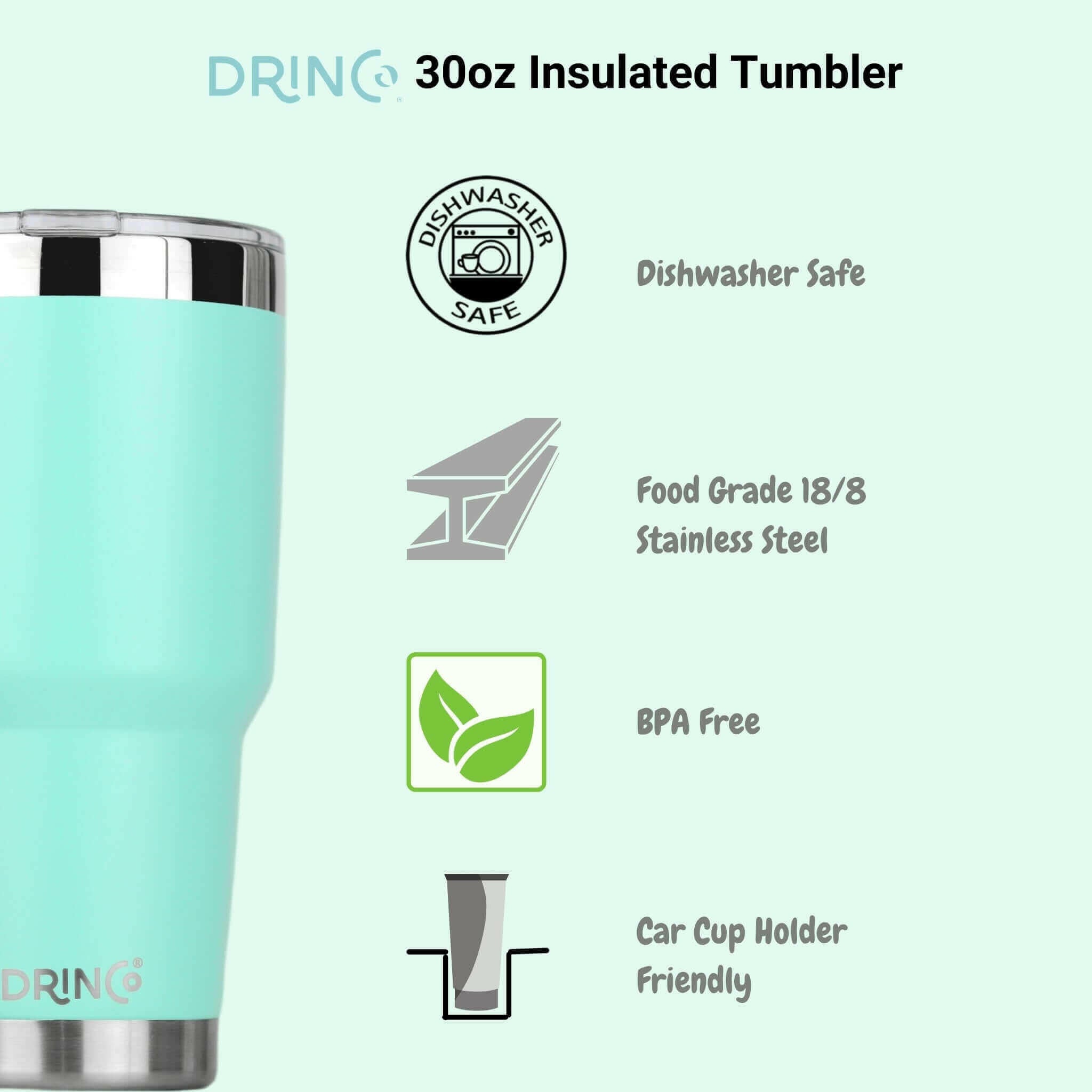 DRINCO® 30oz Insulated Tumbler Spill Proof Lid w/2 Straws (Teal).