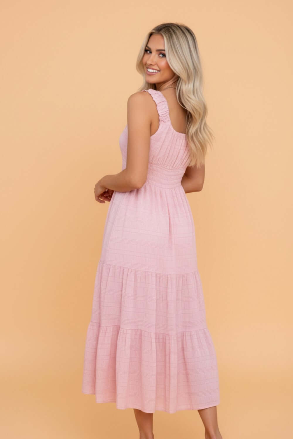 Shirred Pleated Square Neck Sleeveless Midi Dress