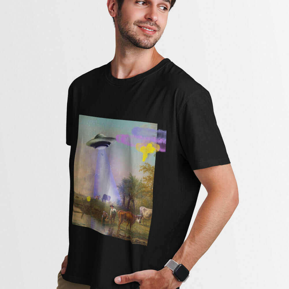 UFO Abducting Cow Jersey Short Sleeve Tee.